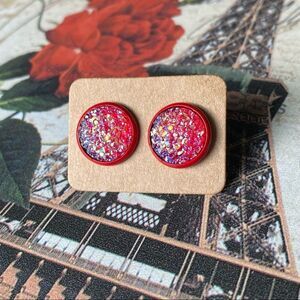Metallic Red Flat Druzy on Red Studs Earrings